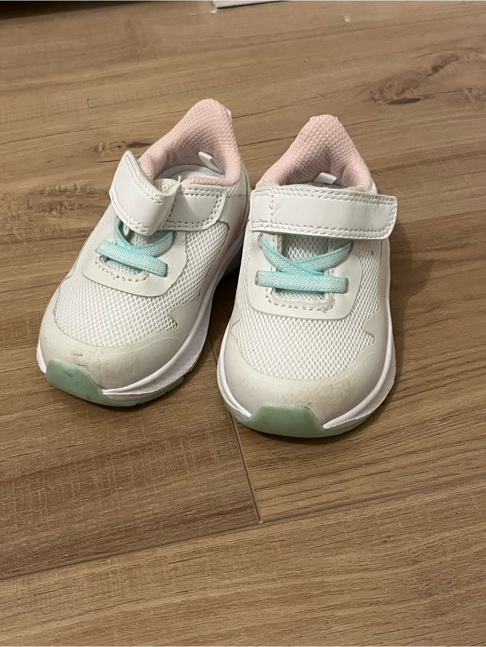 Toddler White Athletic Works Size 3 Sneakers with Pink Lining and Mint Accents